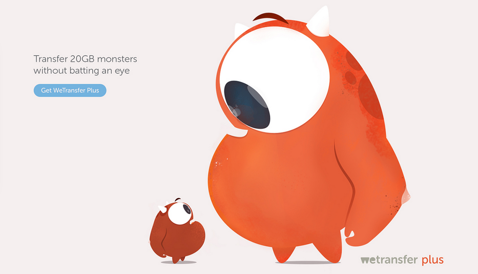 WeTransfer: Un gros monstre rouge et mignon regardant un petit monstre.