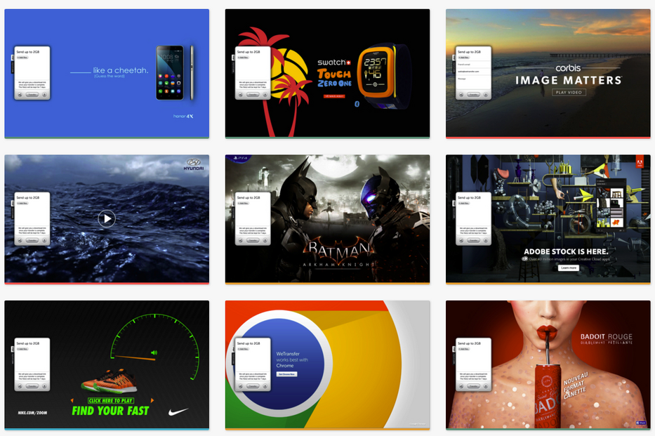 Sei esempi di pubblicità a schermo intero di WeTransfer
